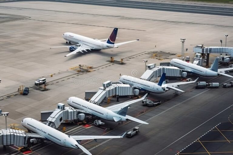 aeropuerto moderno con aviones en pista