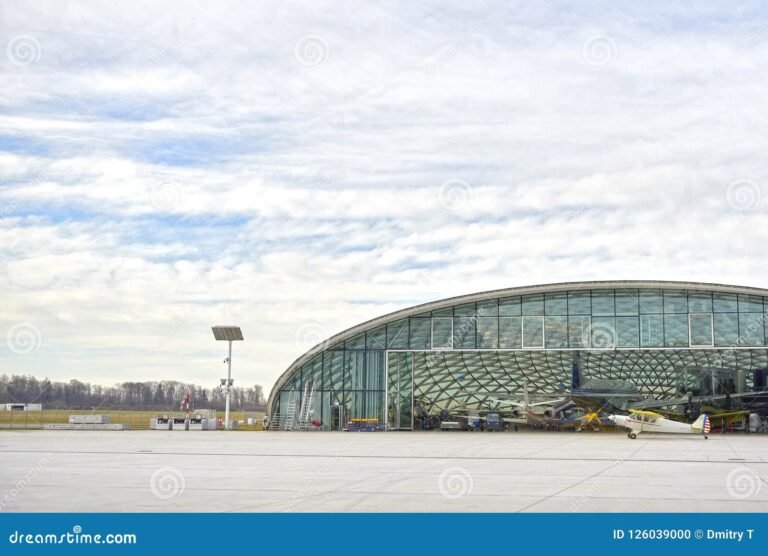 aviones en un hangar con cielo azul
