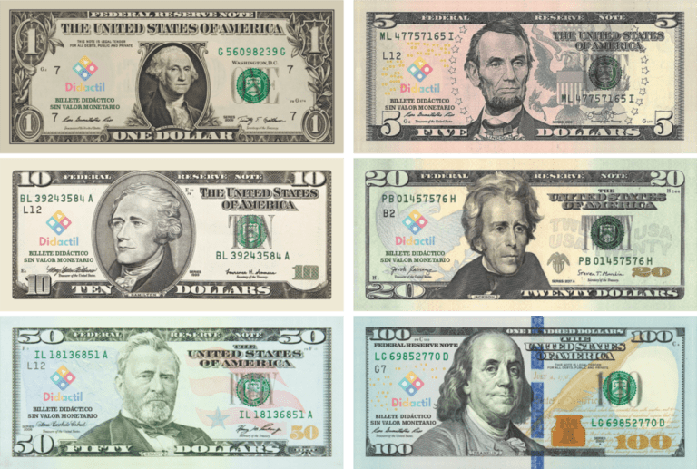 billetes de dolar en diferentes tamanos