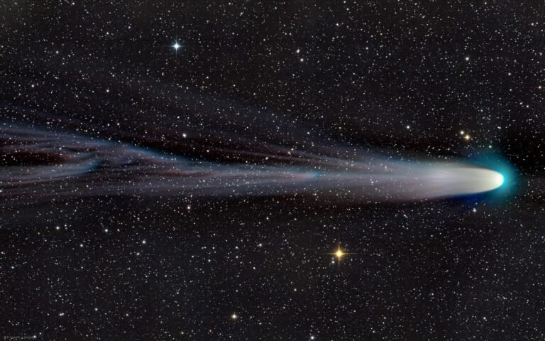 cometa leonard cruzando el cielo estrellado