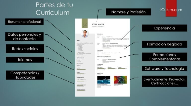 curriculum vitae con iconos de datos clave
