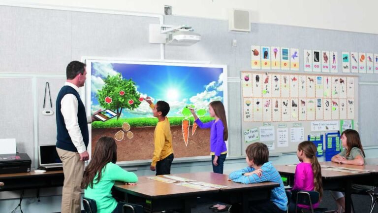estudiantes en aula con proyector educativo
