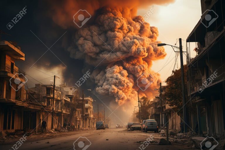 fuego y humo en una calle urbana