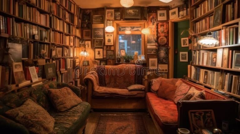 libros apilados en una biblioteca acogedora