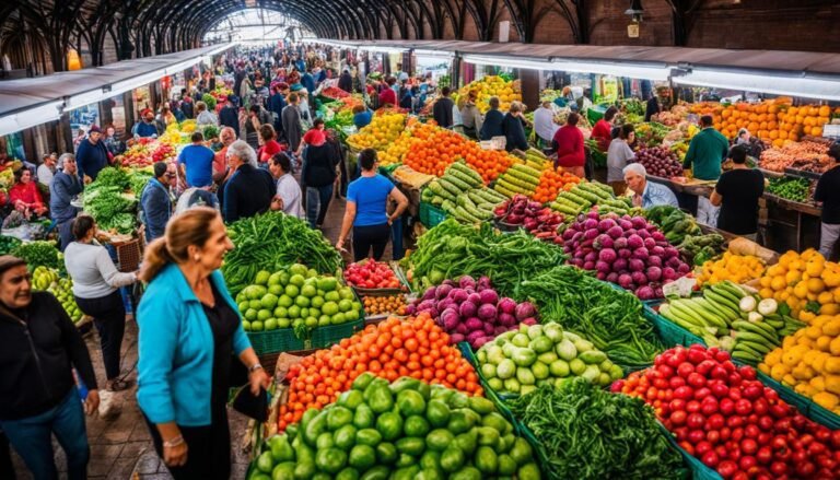 mercado lleno de gente y productos frescos