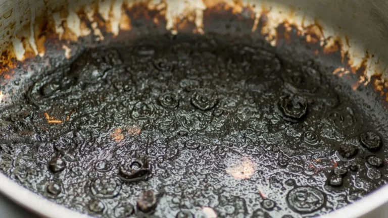 olla quemada con utensilios de limpieza