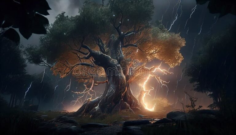 rayo iluminando un bosque denso y oscuro