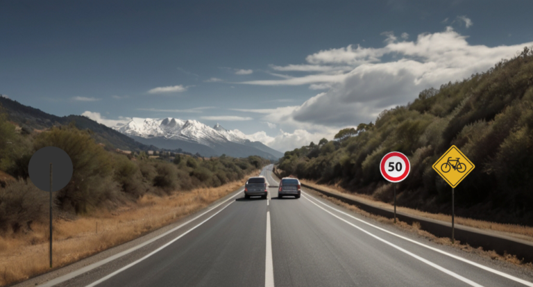 ruta con senales de transito y vehiculos