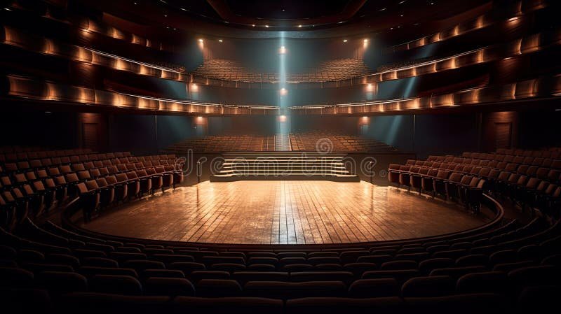 Qué obras y espectáculos se presentan en el Teatro La Plaza de Buenos Aires 1 teatro vacio con luces de escenario encendidas
