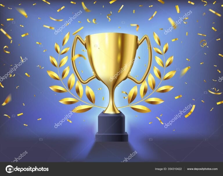 trofeo brillante con confeti de celebracion