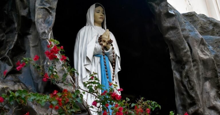 virgen de lourdes rodeada de flores